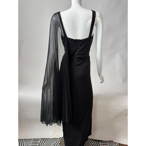 BCBG Max Azria Black Pleated Evening Gown With Sheer Asymmetrical Drape & Ruched - Picture 4 of 16